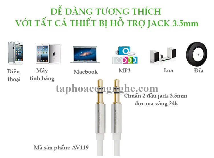 Ugreen 10750 0.5M màu Trắng Cáp âm thanh 2 đầu 3.5mm dương dây tròn TPE cao cấp AV119 30010750